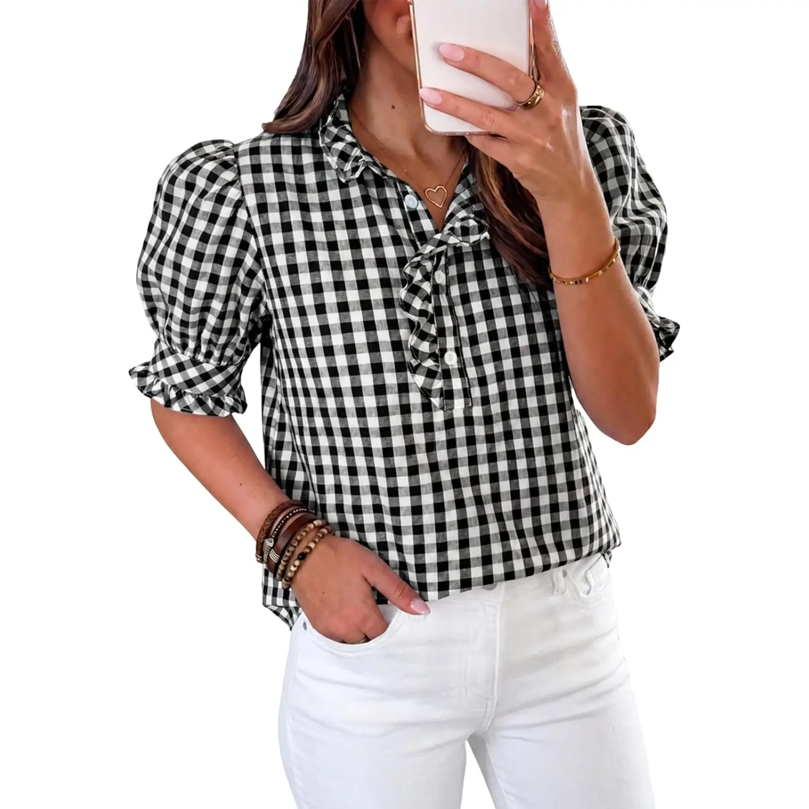 Cicy Bell Womens Summer Gingham Tops Puff Short Sleeve Ruffle V Neck Button Blouse Casual Loose Fit Plaid Shirts Cicy Bell Womens Summer Gingham Tops Puff Short Sleeve Ruffle V Neck Button Blouse Casual Loose Fit Plaid Shirts