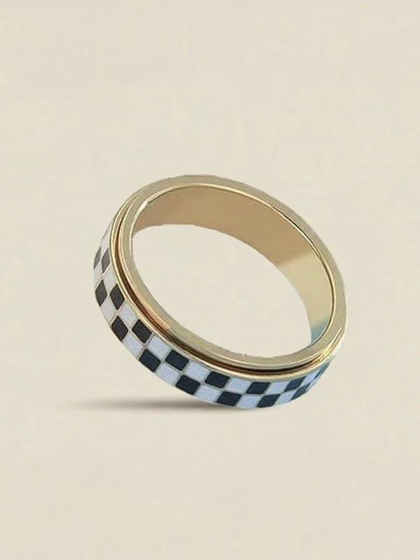 Stainless Steel Checkered Rotating Stress Relief Adjustable Ring, Unisex Casual Daily Wear, Simple Chessboard Design Jewelry