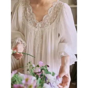 Women Spring Autumn Vintage Cotton Fairy Nightgowns Long Sleeve Lace Nightdress Victorian Night Dress Princess Sleepwear