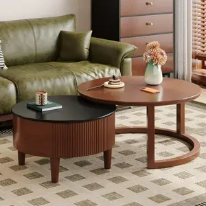 Vintage Round Nesting Coffee Table Fluted with Drawer in Black & Walnut in 31.5''