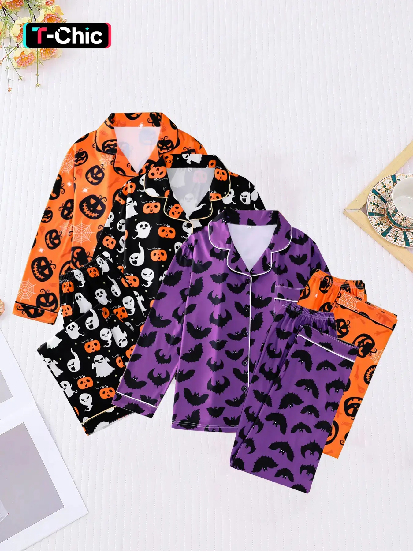 6 pieces of women's Halloween themed pumpkin lanterns, ghost bats, and other printed long sleeved pants pajamas with lapel buttons for home leisure, comfort, and festive Loungewear sleepwear set