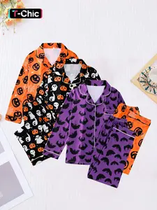 6 pieces of women's Halloween themed pumpkin lanterns, ghost bats, and other printed long sleeved pants pajamas with lapel buttons for home leisure, comfort, and festive sleepwear set