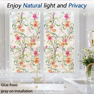 Floral Pattern Painted Glass Window Film Roll, Crescent Base Rainbow Effect Decorative Static Adhesive No Glue, Home Office Decoration Flower