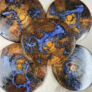 Fractal Drink Coasters - Unique Wooden Design with Dark Blue Accents - Tableware for Home and Dining Use
