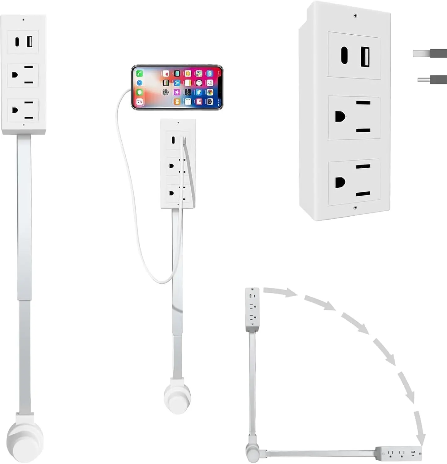 Electrical Outlet Extender,Power Socket Expander, Socket Plug Rotatable 180° Electrical Outlet Extender Access Hard-to-Reach Outlets Features   with USB-A USB-C & 2 AC Outlets Extendable Use Behind Couches, Nightstands, Desks