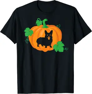 Halloween Corgi Dog Silhouette in Orange Pumpkin T-Shirt - 55B08GSN7QCP
