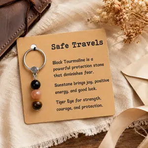Safe Travels Natural Stone Keychain with Message Card, Black Tourmaline Sunstone Tiger Eye Bead Key Ring Charm, Lightweight Travel Bag Charm for Car Keys Backpack Purse, Meaningful Gift for Women Friends Travelers