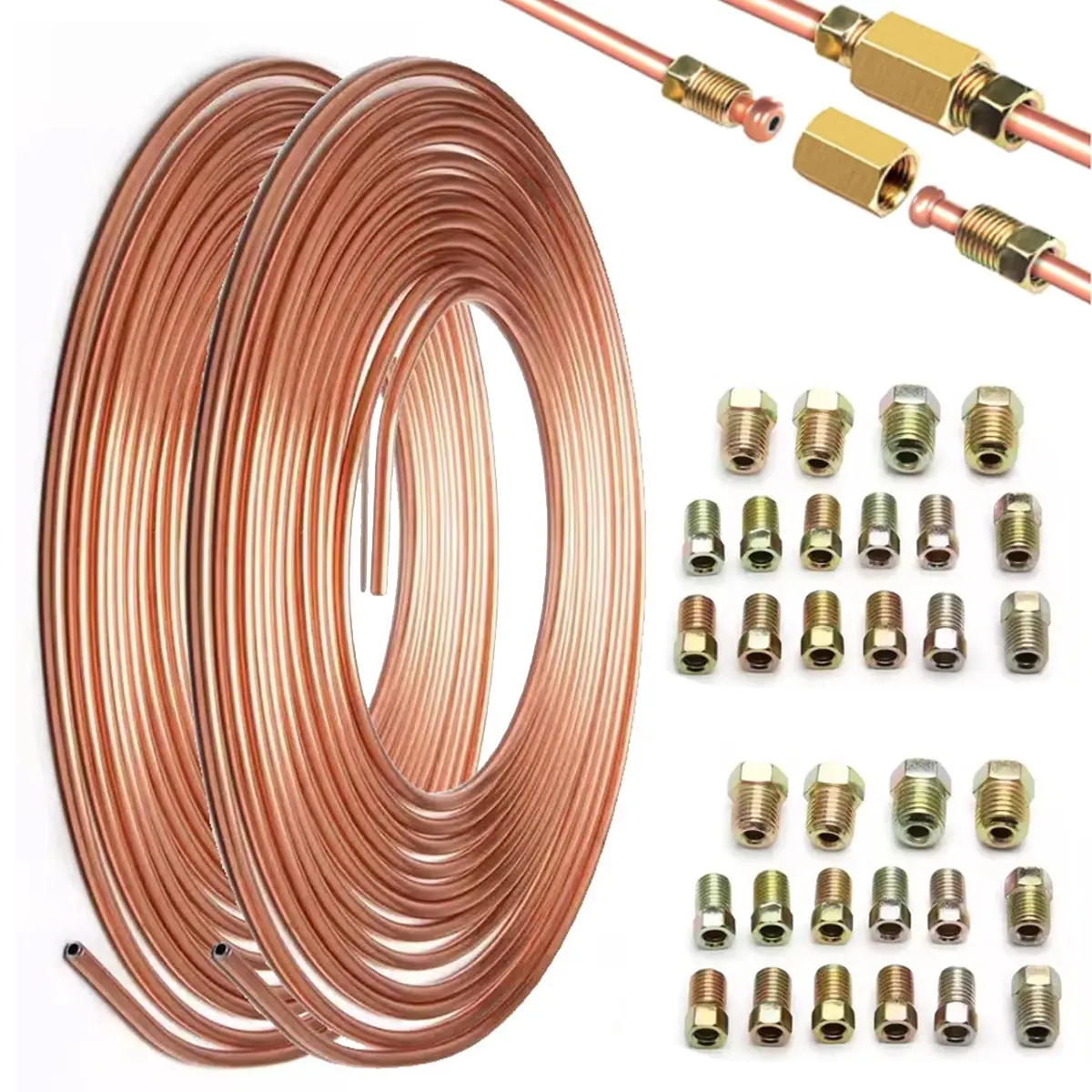 2 Sets  3/16inch x 25 ft Brake Line Tubing Kit Flexible  Copper Nickel Brake Line Tubing Coil with 32  Fittings