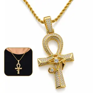 Bling Ankh Cross Pendant Necklace, 14K Gold Plated Eye of Horus Egyptian Jewelry, Micro Paved Zircon Hip Hop Rope Chain for Men Women men's