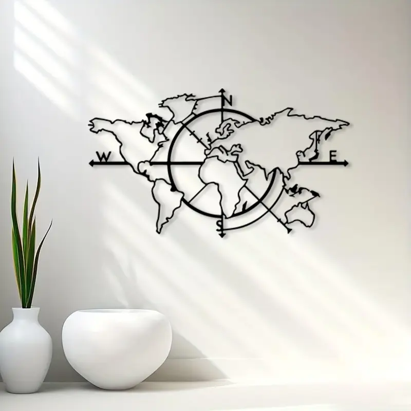 1 piece of retro Artistic world map metal wall art - rust proof iron with compass details, home, office, living room decoration, Aesthetic Wall Decor, unique gift for Christmas travel enthusiasts, world map wall decoration, compass design