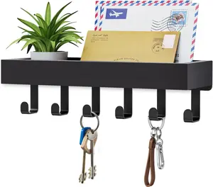 Medium Key Holder Wall Mount with Adhesive & Magnetic Installation – Key Hooks Rack with Shelf & Mail Organizer for Wallet, Entryway, RV, Camper, Home & Living Room Decor (Black)