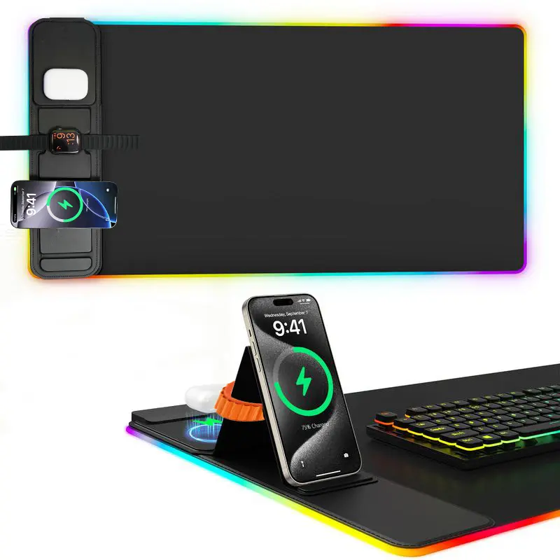 4-in-1 RGB Gaming Extended Mouse Pad - Universal Mousepad with 15W ABS Wireless Charging, Excel Shortcut Guide, Phone Stand, 13 RGB Light Modes, 31.5x11.8in Non-Slip Waterproof Surface, 1.5m Cable, Bonus Stretch Guide, Easy Maintenance, Universal Mouse Pa
