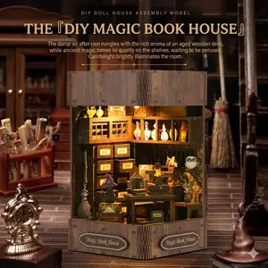 DIY Magic Book Nook Kit, 3D Wooden Miniature Diorama Bookshelf Insert, Witch Cabin Shelf Decor Ornament
