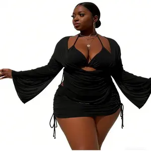Must-have for curvy plus-size girls| Halter bikini + bell sleeve cover-up beach vacation cover-up loose 3-piece swimsuit set suitable for seaside vacation  Sexy Vacation Beachwear, Summer Swimwear one