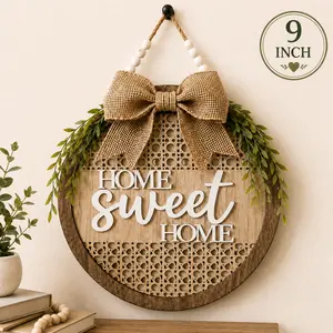 Round Wooden Welcome Sign for Front Door, 9 Inch Farmhouse Door Hanger with Burlap Bow & Greenery, Rustic Front Door Decor, Hanging Welcome Wreath for Porch, Wall, Entryway, Housewarming Gift