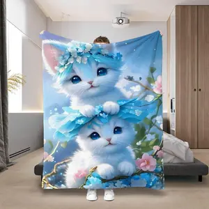 Soft Funny Throw Blanket Cute Four Seasons Blanket With Two Blue Kitten Pattern,Warm Cozy Sofa Bed Blanket For Office Camping Travel Home Decor