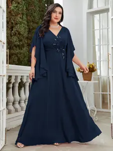 Elegant V Neck Flare Sleeve Dress with Embroidered Flowers, Waist Cinching Design, Pure Color Chiffon Formal Party Gown for Bridesmaids