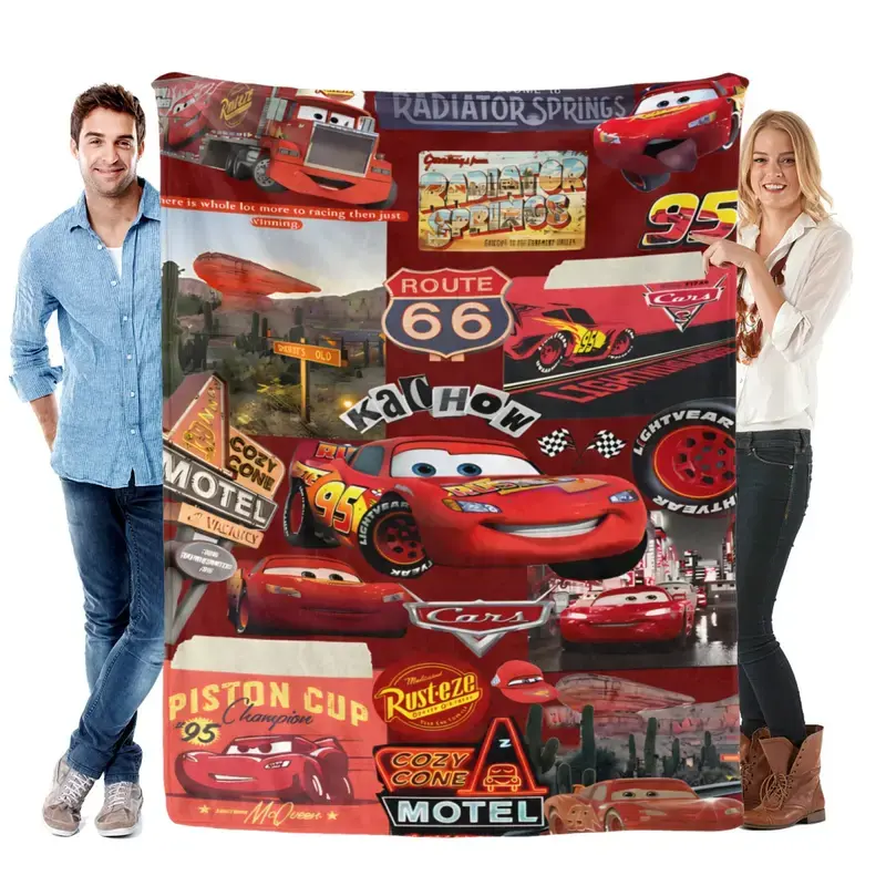 DISNEY CLASSIC Cars Lightning McQueen Soft Flannel Blanket, Route 66 Collage 2D Print Cozy Throw, Office Nap, Home Decor & Outdoor Sports Multi-Purpose