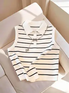 American Retro Striped Polo Neck Sleeveless Vest, Casual Short Crop Top, Daily Commute, Streetwear, Date, Leisure Wear, Womenswear, Everyday