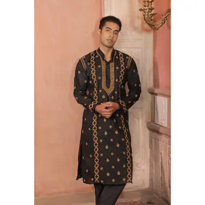Traditional Men Black kurta with orange chikankari embroidery | Ethnic wear for Social Occasions