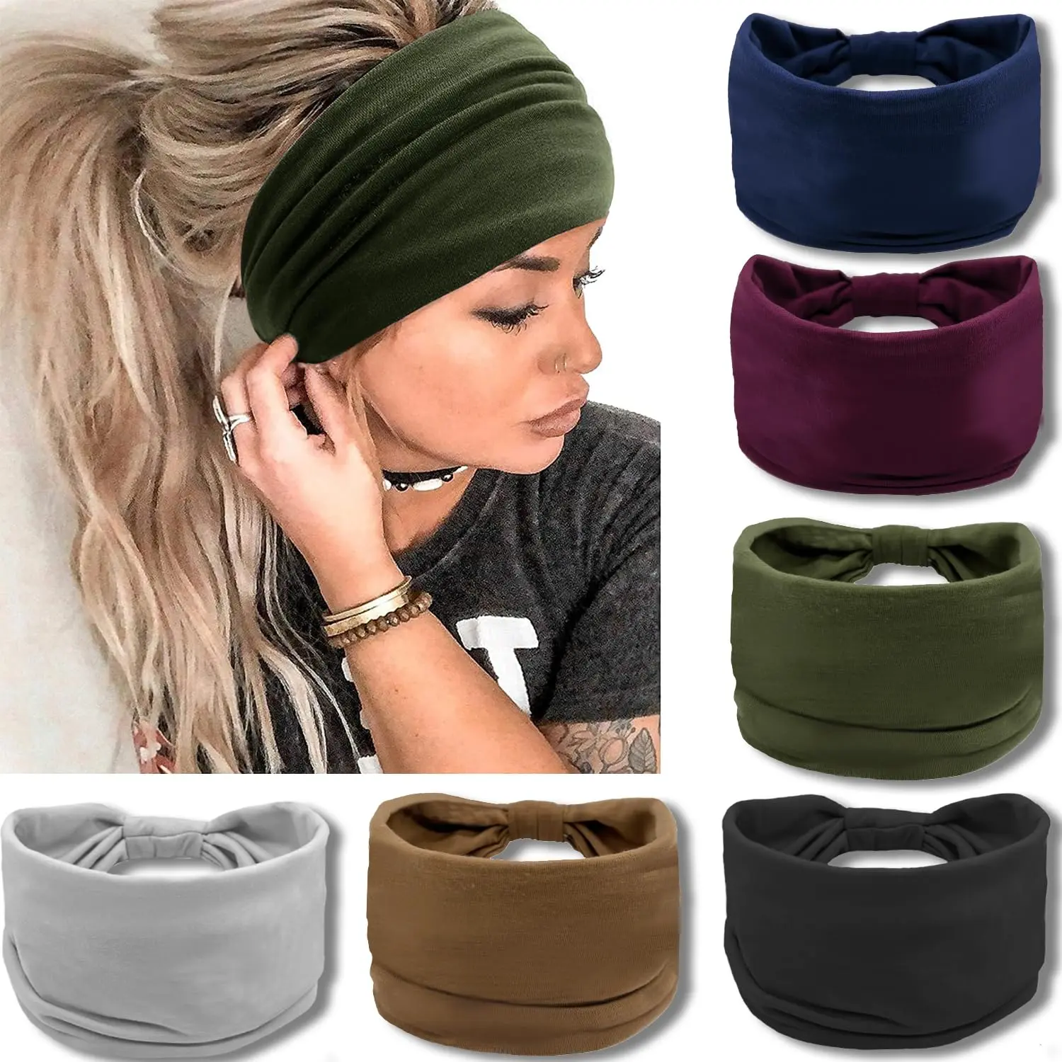 6 Pack Wide Knotted Headbands for Women, Solid Color Turban Hair Wraps, Stretchy Non-Slip Accessories for Daily Wear, Beach & Exercise