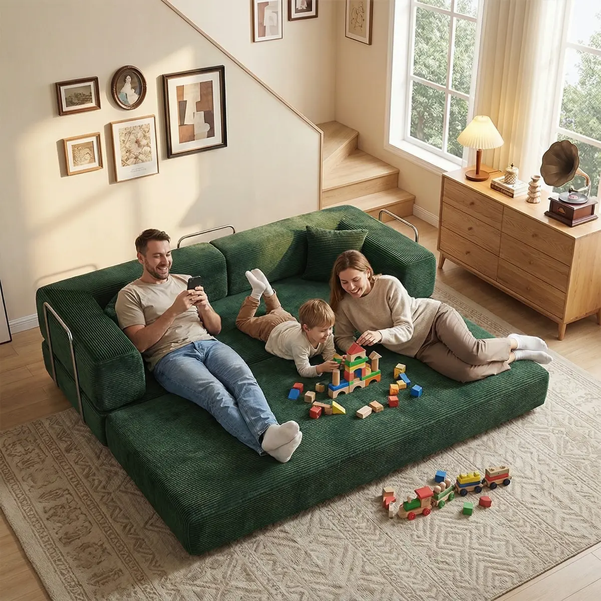 78.8"-in-1 Convertible Boneless Sofa Bed, Corduroy Cloud Sleeper Couch with Pillow, Fold Out Queen Floor Mattress for Living Room Bedroom