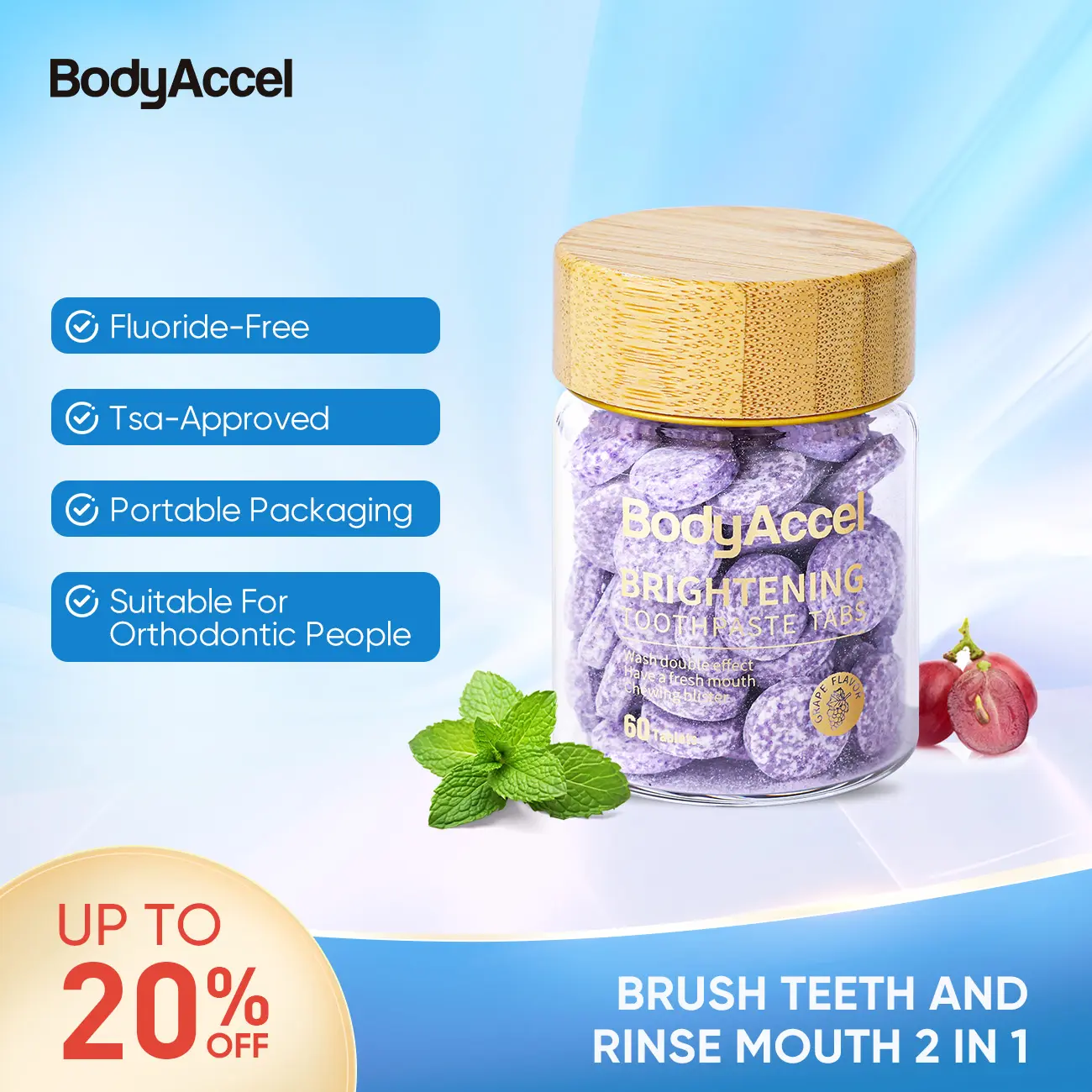 【BodyAccel】 Toothpaste Tablets - Remineralizes Enamel - Whitens Teeth - Freshens Breath