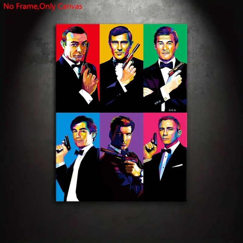 1 Piece/Set Frameless Canvas Painting Print Poster,Classic Geometric Abstract Portrait WPAP Pop Art,007 James Bond,Perfect Gift for Movie Lovers,Ideal Gift for Bedroom,Study,Office,Toilet,Living Room,Dorm Hallway,Kitchen,Mural,Wall Decoration,Room Decor