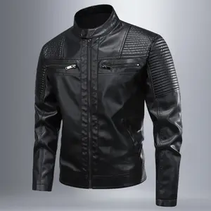 Men's Classic Stand-Collar Motorcycle Leather Jacket, Patchwork Embossed PU Outerwear with Multiple Zippered Pockets, Menswear Tops Coats for Spring-Autumn Fashion
