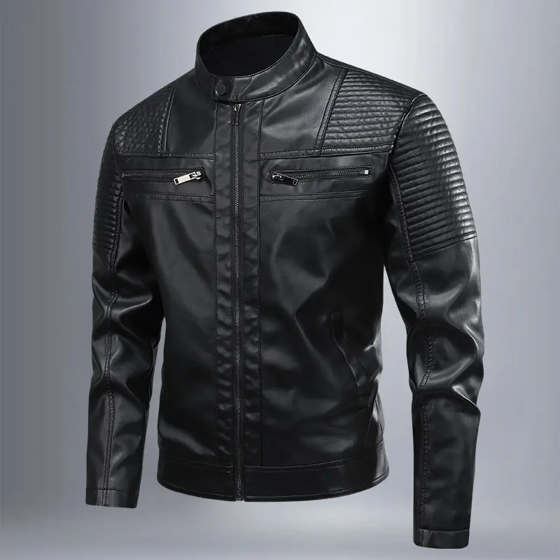 Men's Classic Stand-Collar Motorcycle Leather Jacket, Patchwork Embossed PU Outerwear with Multiple Zippered Pockets, Menswear Tops Coats for Spring-Autumn Fashion
