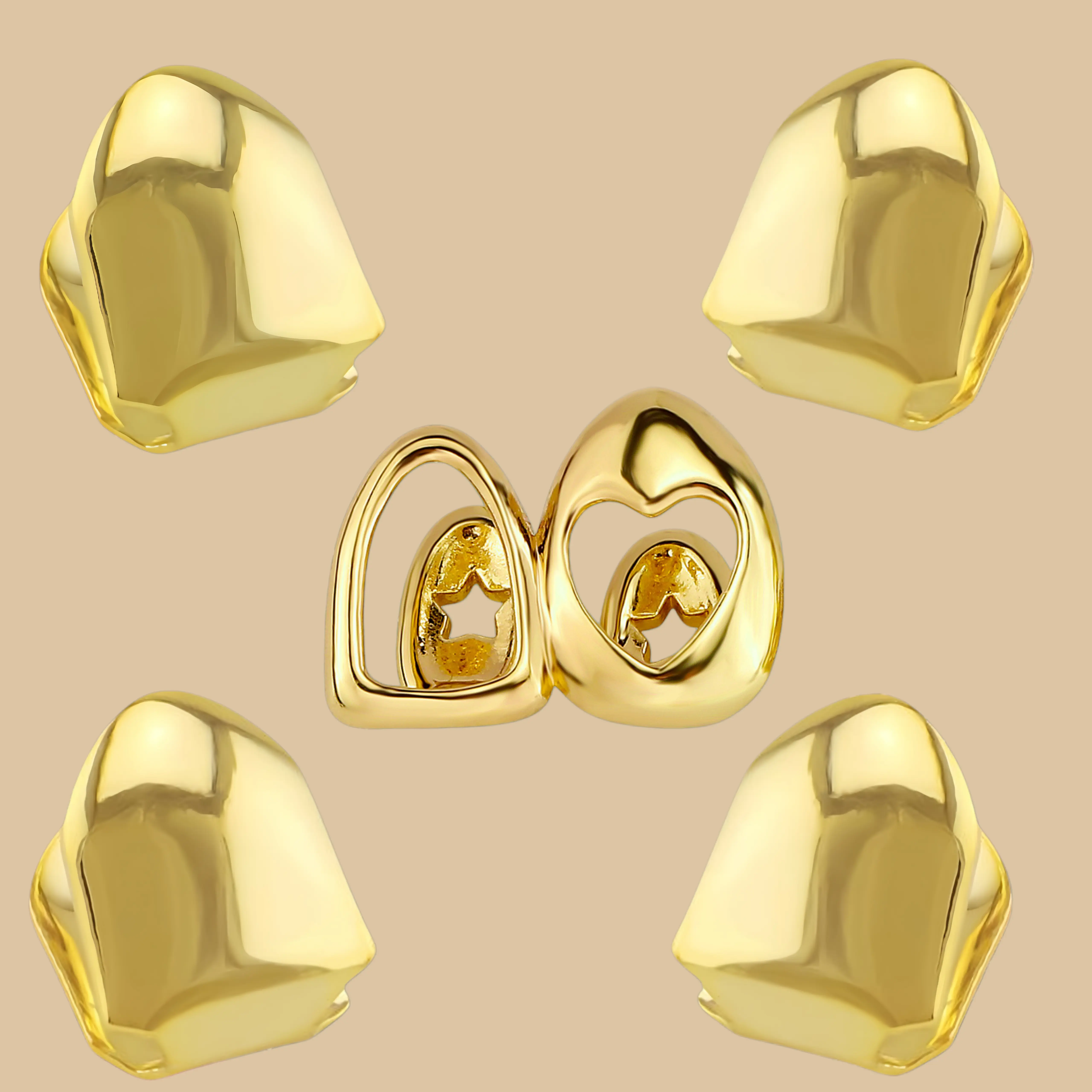 Gold Plated Hollow Heart Star Grillz Set, Removable Hip Hop Teeth Caps, Punk Dental Grills, Fashion Vampire Tooth Accessories for Halloween Cosplay, Nightclub Party, Rapper Costume Jewelry for Men Women