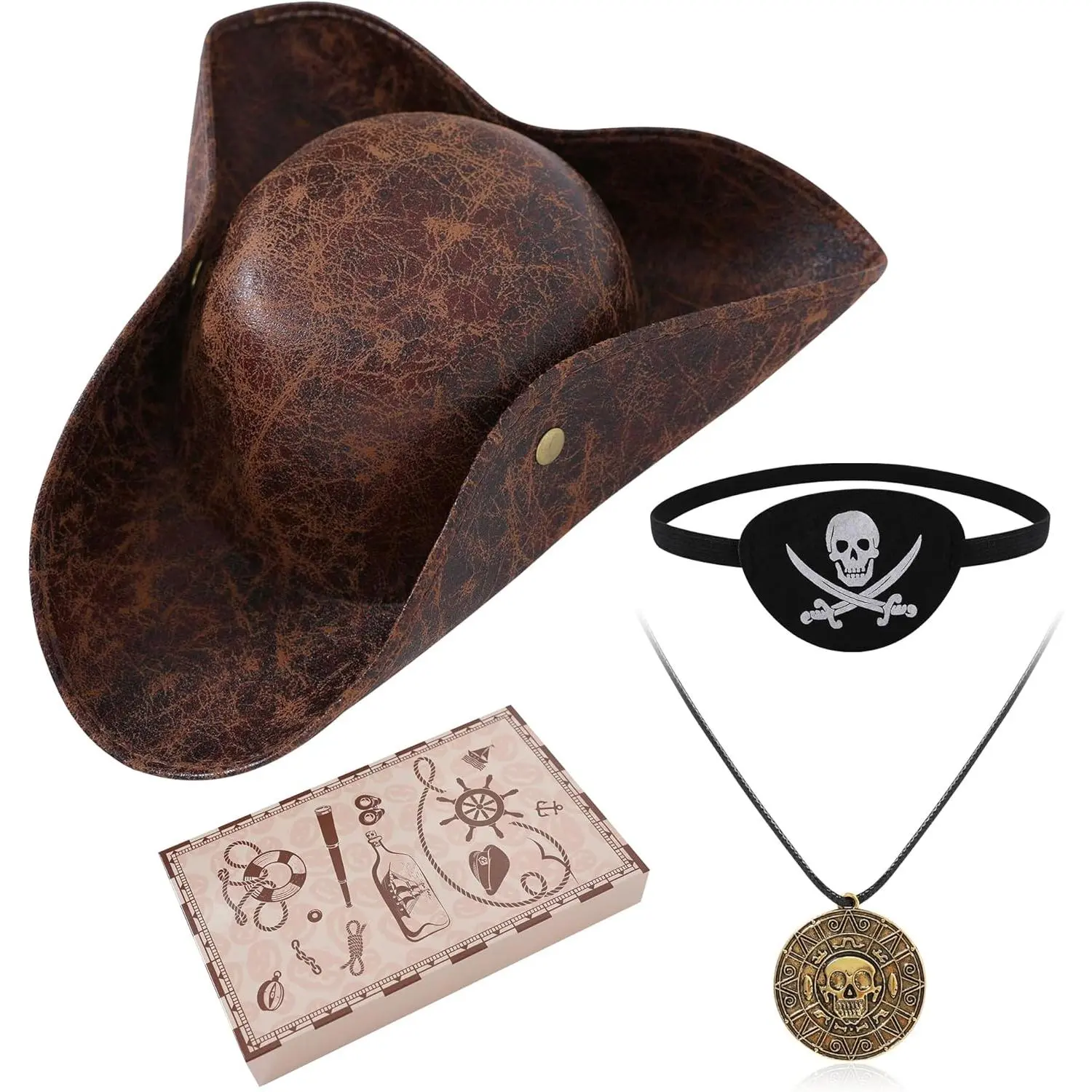 Renaissance Pirate Hat Costome Decoration Halloween Exchange For Male Female Tricorn Hat With Eye Patch & Necklaces