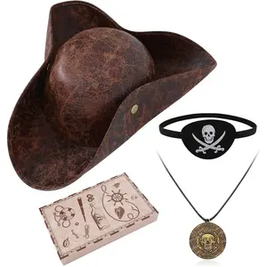 Renaissance Pirate Hat Costome Decoration Halloween Exchange For Male Female Tricorn Hat With Eye Patch & Necklaces