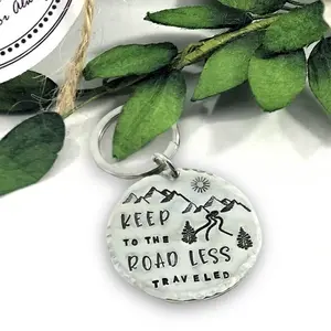 Less Traveled Road Keychain, key ring, hand-stamped, adventure, gift, birthday, grad, first car
