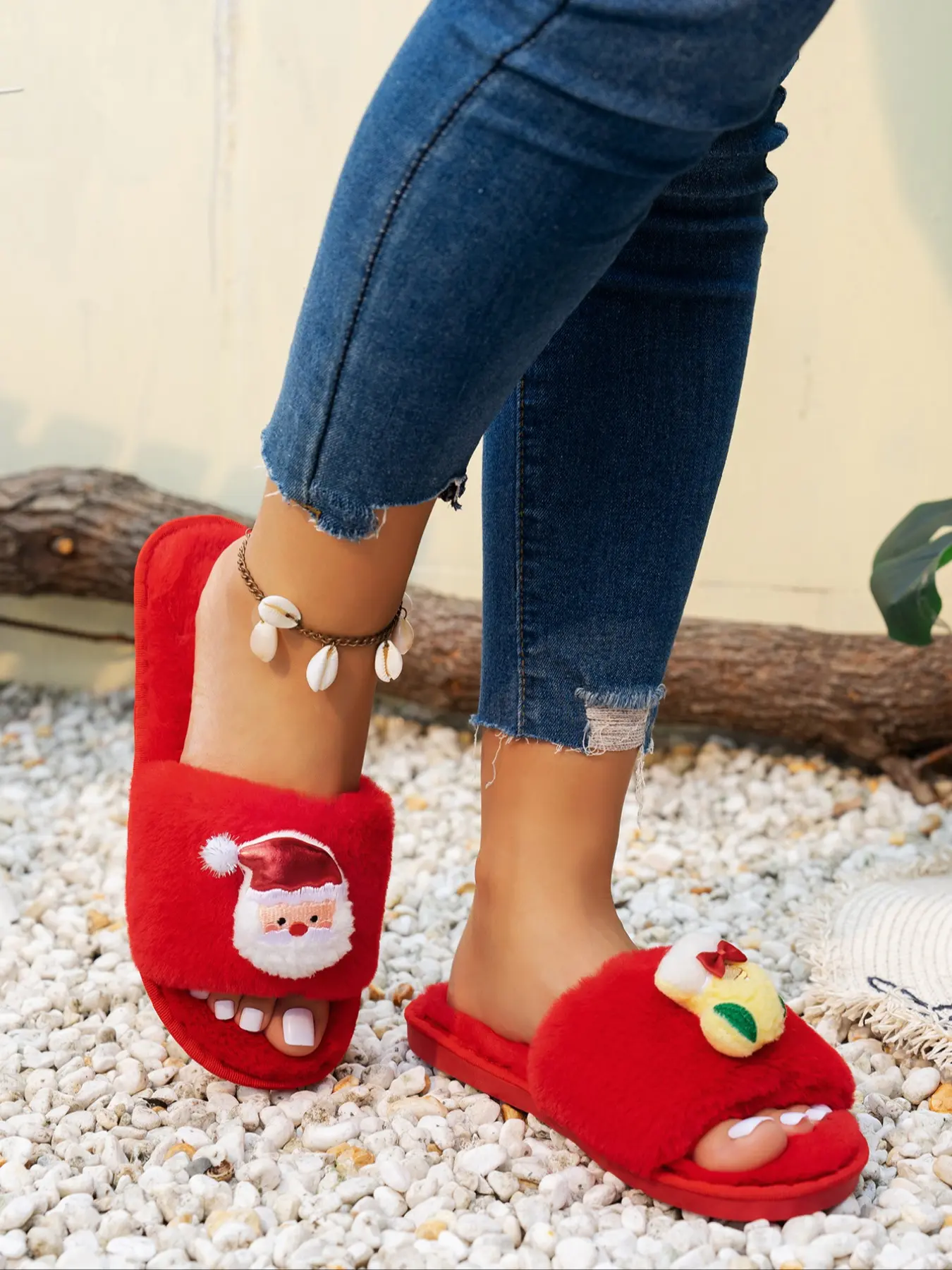 Vintage Large Size Fall Winter New Cute Cartoon Christmas Candy Cotton Slippers, Warm Indoor Home Fur Slipper Fashion Xmas Limited Edition