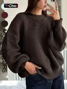 Women's Loose-Fitting Round Neck Thick Sweater Tops, Casual Fashion Long Sleeve Knitwear Knitting, Elegant Plain Solid Color Basic Pullover for Fall & Winter