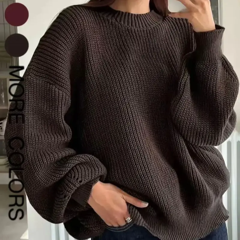 Women's Loose-Fitting Oversize Baggy Round Neck Crewneck Thick Sweater Tops, Casual Fit Knitted, Casual Fashion Long Sleeve Knitwear Knitting, Elegant Plain Solid Color Casual Comfy Basic Pullover for Fall & Winter Womenswear