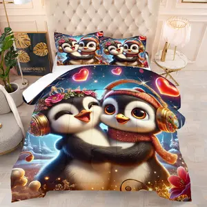 Penguin Snow Play Joyful Style Quilt/Comforter Set (2/3 Pcs) Contains 1 Quilt/Comforter + 1/2 Pillowcases No Filler, Winter Penguin Snow Play Elements, Fluffy & Warm, Suitable for Girls, Teenagers & Gift Recipients, Fits Bedrooms, Dorms & Winter Rooms