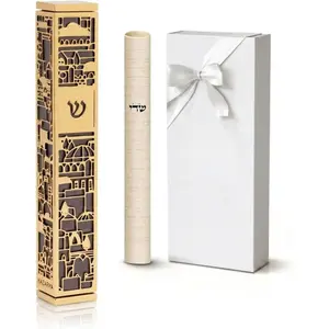 Mezuzah for Door with Scroll, 6 Inch  and Gray Mezuzah Case with Non Kosher Scroll Inside, Fits a 5 Inch Scroll, Includes Adhesive and  Box