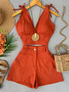 Vintage Solid Color Sleeveless Fitted Waist-Defined Crop Tank Top and Shorts Set Outfit for Spring and Summer, Comfortable Casual for Women