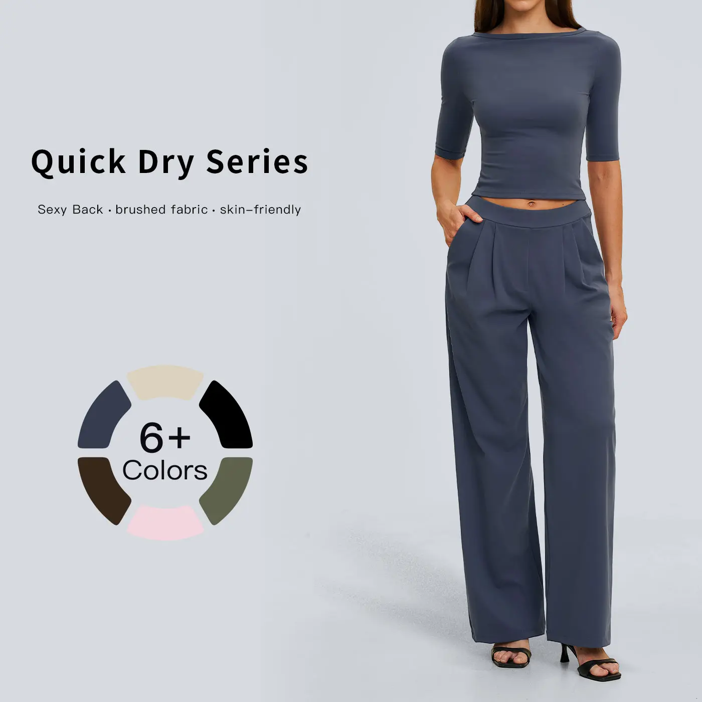 Tenwolf women’s two-piece athletic set, mid-sleeve top + low-rise wide-leg pants, workout wear for fitness, yoga, and running