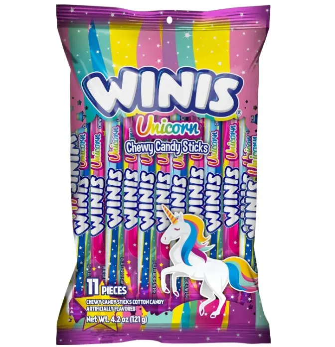 Winis Unicorn | Cotton Candy Chewy Taffy Swirl | 4.3 Oz, 11 Pieces | Chewy cotton candy flavored swirls, non-melting and party ready, sharing size 4.3 oz bag with 11 pieces