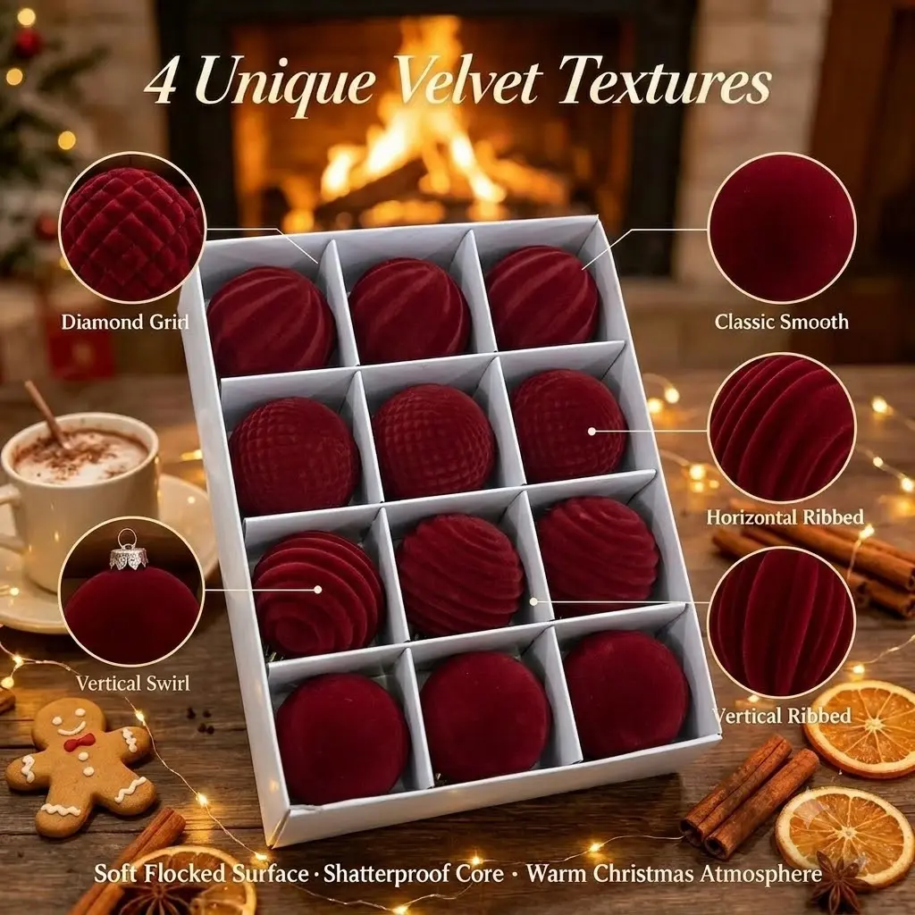 12-piece thick Christmas ball decoration set - Retro red multi-textured velvet soft surface Christmas tree decoration, available in deep green, royal blue, light camel, and coffee brown. Christmas ball decorations sohochic