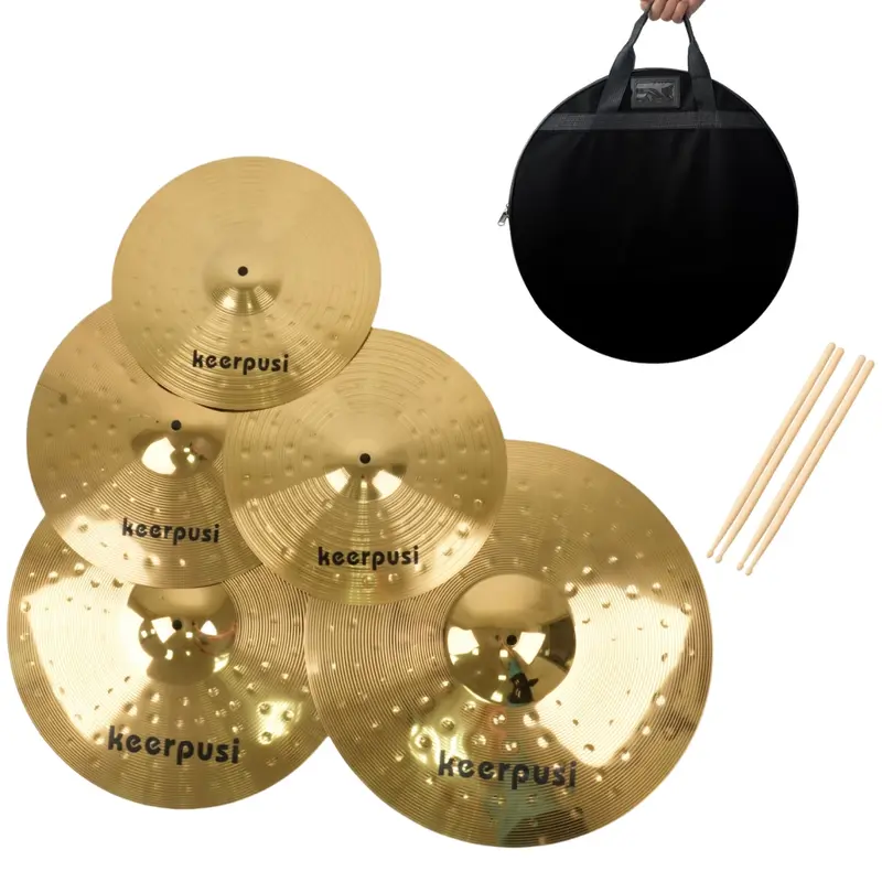 Copper-Plated Metal Cymbals Pack for Drum Kit - 5-Piece Crash Percussion Instruments for Beginners, 14"/16"/18"/20" Sizes, Brighter More Vibrant Sound, Includes Free Bag