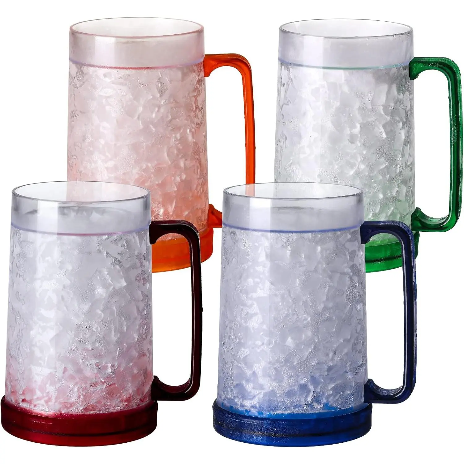Double Wall Gel Frosty Freezer Ice Mugs Clear 16oz Set of 4 (Blue, Red, Orange and Green)