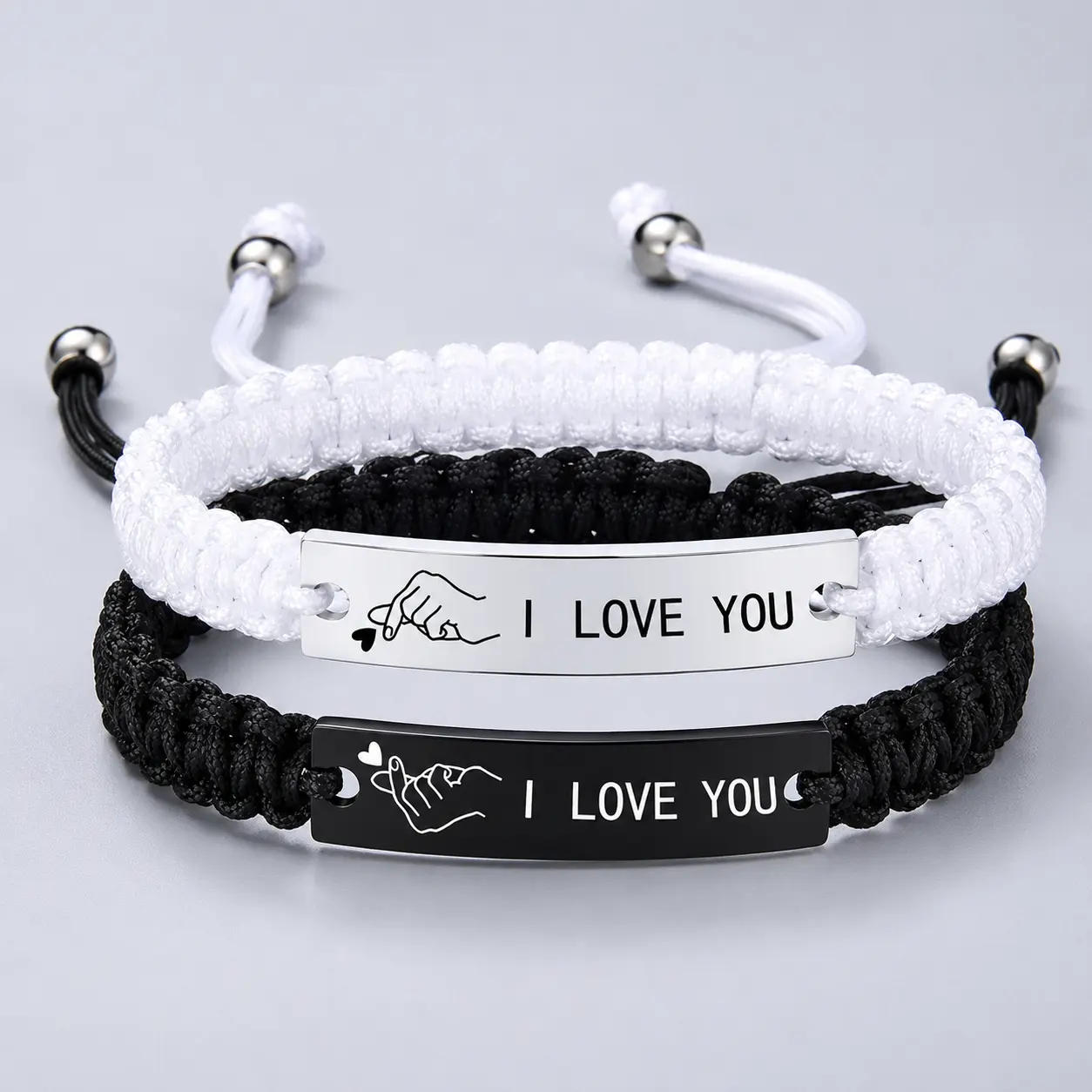 2 PCS I Love You Finger Heart Stainless Steel Couple Bracelet Black White Woven Bracelets For Lovers Valentine Gifts