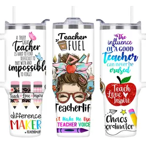 Teacher Themed Pattern, 4 Counts/set 40oz Stainless Steel Double Wall Insulated Travel Mug, Vacuum Insulated Tumbler, Teacher Appreciation Gifts, Gifts for Women, Drinkware