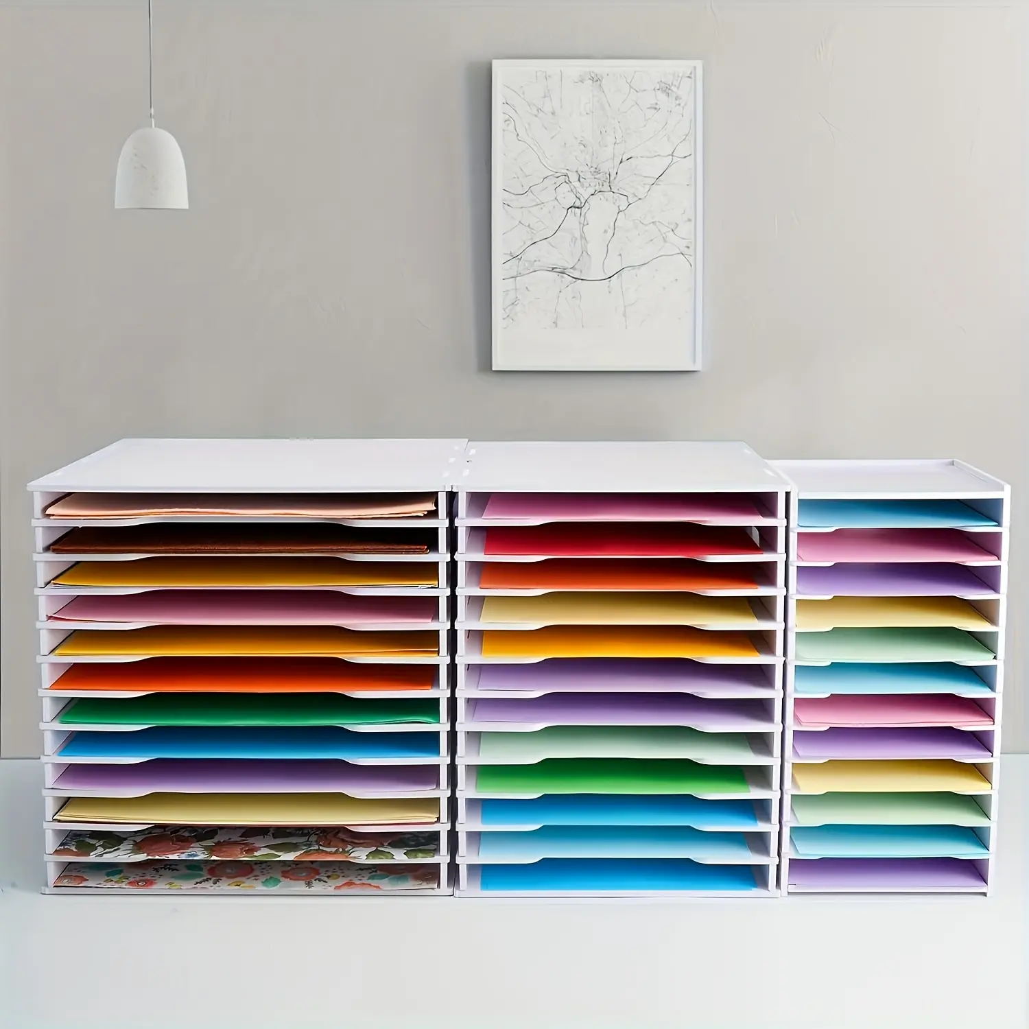 12x12 inch scrapbook paper storage box; 12-tier desktop file organizer with adjustable shelves; 12-slot desktop file sorter/storage cabinet for home, school, or office, with slots for letters and documents.