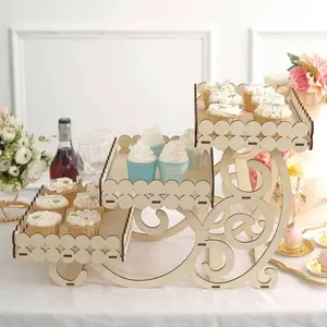 3-Tier Wooden Dessert Display Rectangular Laser Cutout Design Natural - Serving Platter Cupcake Mini Cake Tray 22"