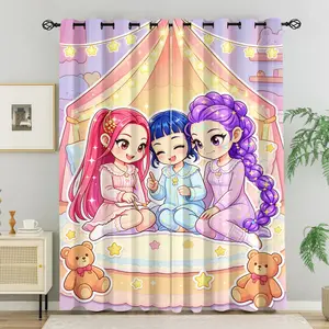 2 Panels Cute Chibi Girls Blackout Curtains, Light Blocking, Slumber Party Print, No-Hook Design, Washable Fabric, Bedroom Living Room, Room Darkening, Kawaii Girls Room Decor, Gift Choice